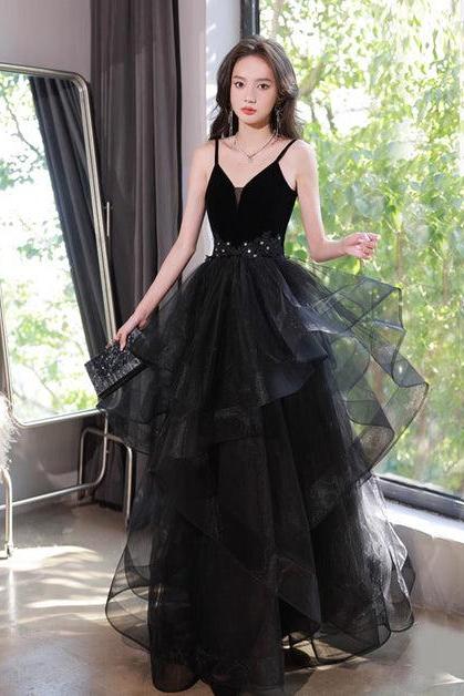 Black Tulle Straps V-neckline Beaded Long Formal Dress A-line Prom Dress Sa2235