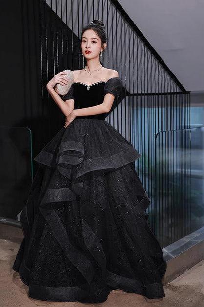 Velvet And Tulle Off Shoulder Long Formal Dress Black Evening Dress Party Dress Sa2237