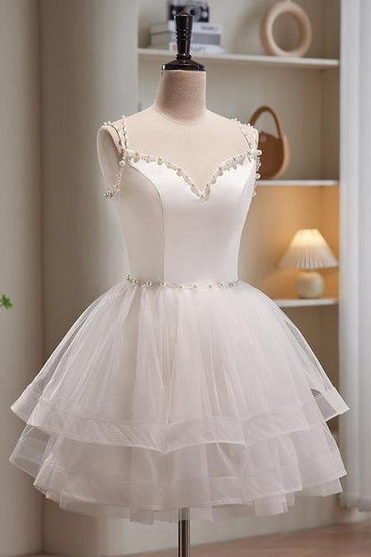 White Short Tulle Beaded Graduation Dress Short Prom Dress Formal Dress Sa2238