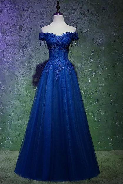 A-line Off Shoulder Blue Beaded And Lace Long Party Dress Formal Dress Sa2239