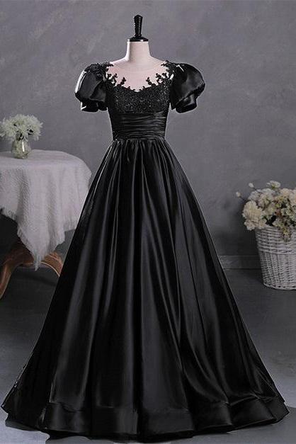 Black Satin A-line Floor Length Long Party Dress With Lace Long Formal Dress Sa2241