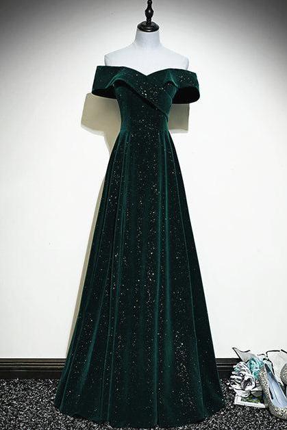 A-line Off Shoulder Green Velvet Simple Party Dress Green Prom Dress Formal Dress Sa2246