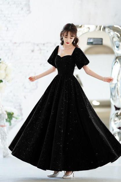 Black Velvet Short Sleeves A-line Lace-up Party Dress Formal Long Wedding Party Dress Sa2247