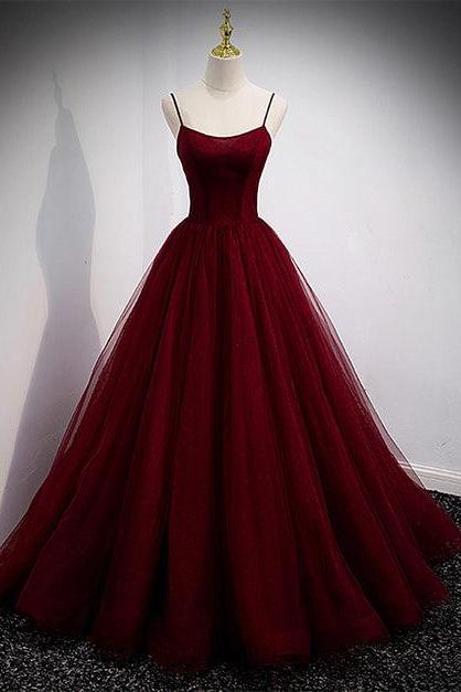 Wine Red Tulle Straps Long Evening Dress Party Dress Formal Prom Dress Sa2248