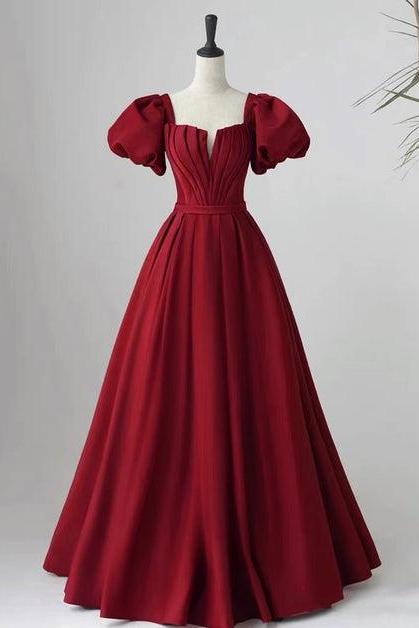 Wine Red Short Sleeves A-line Floor Length Party Dress Formal Long Prom Dress Sa2250