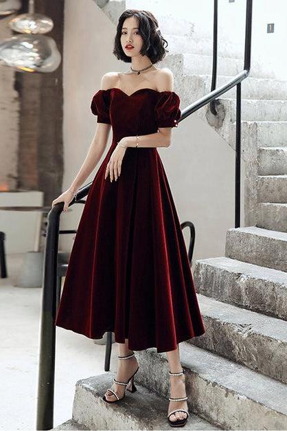 Wine Red Velvet Tea Length Off Shoulder Party Dress Formal Bridesmaid Dress Sa2254