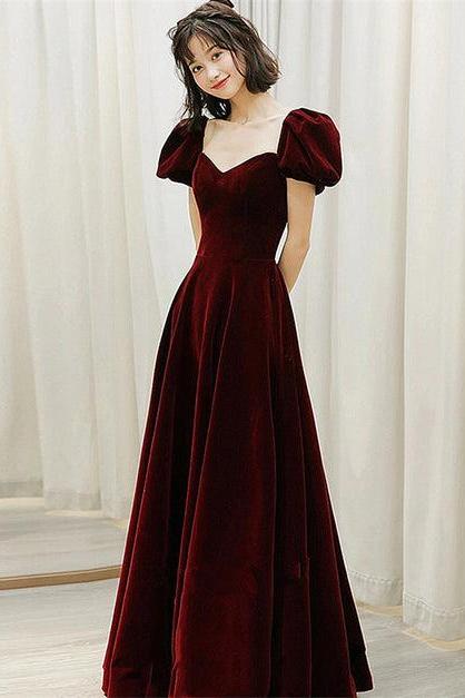 Velvet Sweetheart Long Party Dress Formal A-line Wine Red Prom Dress Sa2255