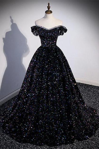 Black Sequins Off Shoulder Beaded Party Dress A-line Black Formal Dress Sa2257