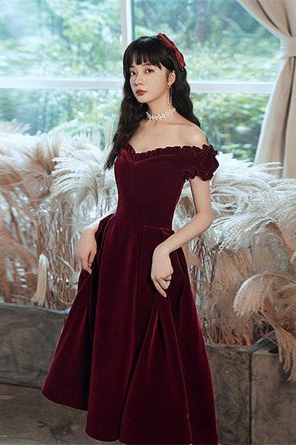 Wine Red Off Shoulder Velvet Tea Length Party Dress Formal Prom Dress Homecoming Dress Sa2259