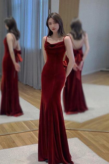 Wine Red Velvet Long Formal Party Dress Mermaid Open Back Long Prom Dress Sa2260