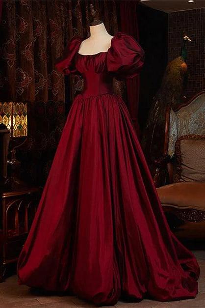 Burgundy Puffy Sleeves Taffeta Long Prom Dress Floor Length Sweetheart Formal Party Dress Sa2262