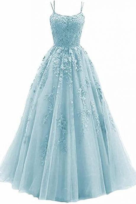Light Blue Straps Cross Back Tulle With Lace Applique Prom Dress Formal Dress Sa2263