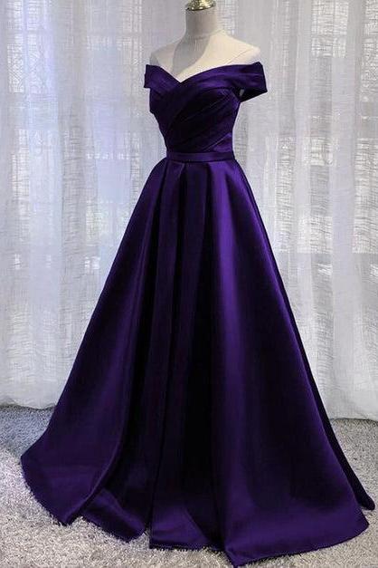 Purple Satin Off Shoulder Long Prom Dress A-line Simple Formal Dress Sa2264