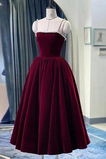 Wine Red Straps Velvet Party Dress With Pearls Tea Length Formal Dress Sa2270