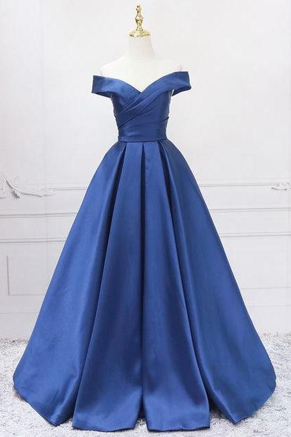 Off Shoulder Blue Satin A-line Floor Length Prom Dress Simple Formal Dress Sa2272