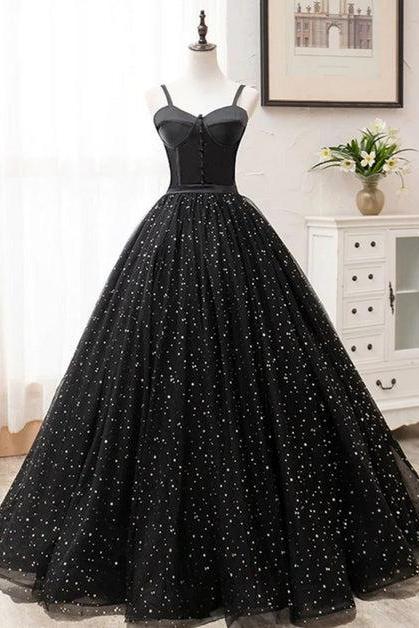 Black Sweetheart Straps Tulle Long Evening Gown Formal Sleeveless Floor Length Prom Dresses Sa2274