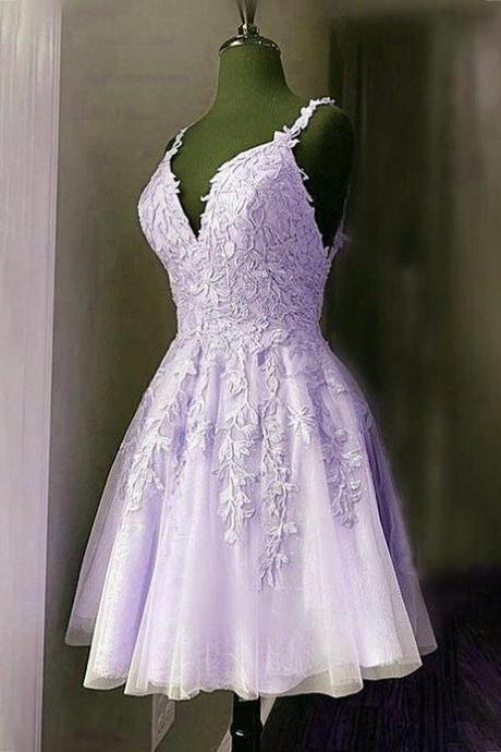 Lavender Tulle Short Straps Party Dress Homecoming Dress Formal Short Prom Dress Sa2276