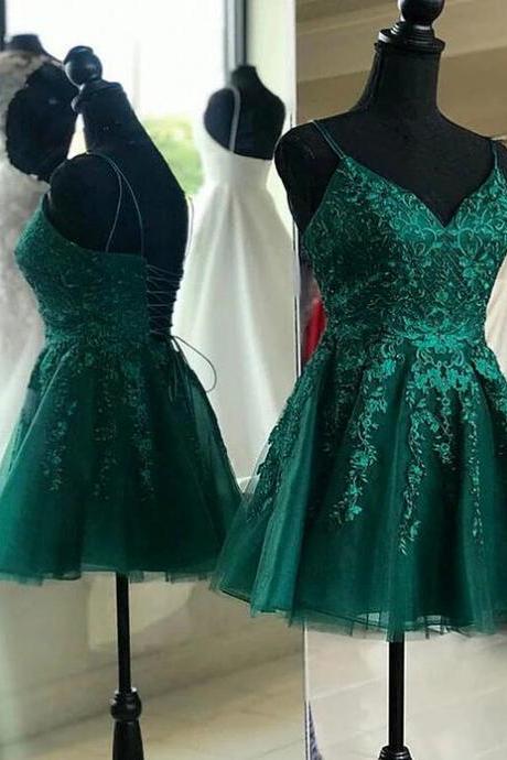 Green V-neckline Lace And Tulle Short Prom Dress Formal Homecoming Dresses Sa2277