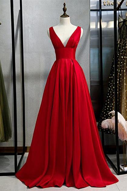 Red Satin Deep V-neckline Prom Gown Formal Dress Floor Length Evening Gown Sa2281