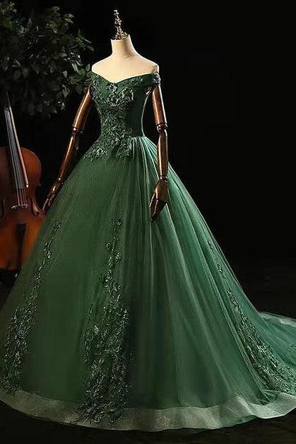 Green Tulle With Lace Applique Long Prom Dress Formal Sweet 16 Dresses Sa2282