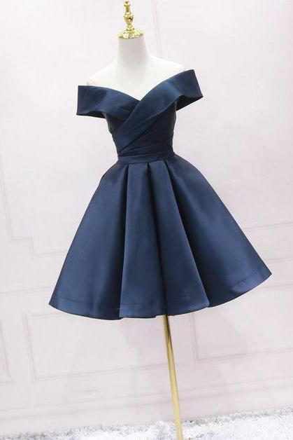 Navy Blue Satin Off Shoulder Bridesmaid Dress Party Dress Formal Short Prom Dress Sa2283