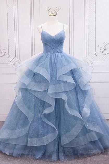 Blue Tulle Layers Long Party Dress Prom Dress Formal Sweet 16 Dresses Sa2284