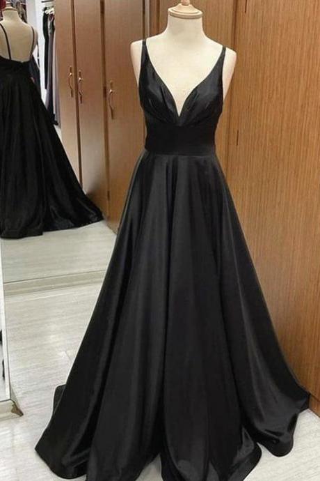 V-neck Black Long Satin A-line Prom Dresses Formal Dresses Party Dresses Sa2289