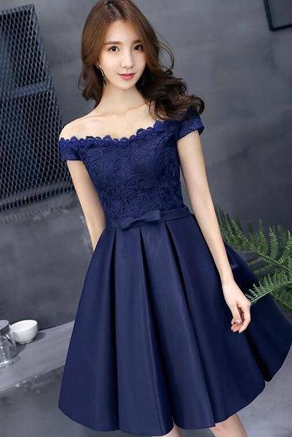 Navy Blue Lace And Satin Off Shoulder Party Dress With Bow Formal Homecoming Dresses Sa2290