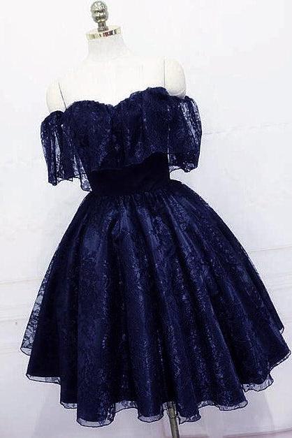 Navy Blue Lace Short Off Shoulder Prom Dress Formal Lace Homecoming Dresses Sa2291