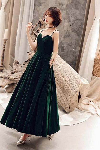 Dark Green Chic Straps Velvet Long Bridesmaid Dress Party Dress Formal Velvet Evening Dress Sa2297