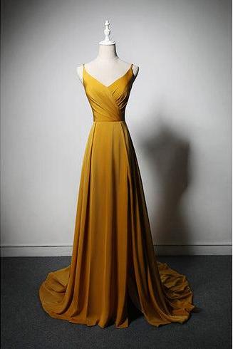 Goleden V-neckline Straps Long Party Dress With Leg Slit Formal Evening Dress Prom Dress Sa2298