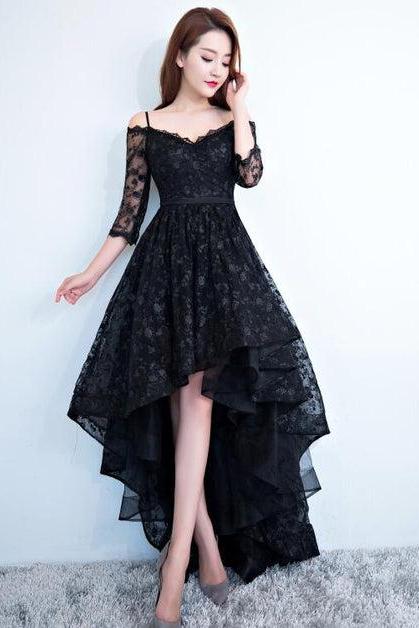 Black Lace V-neckline Straps High Low Party Dress Homecoming Dress Formal Dress Sa2299