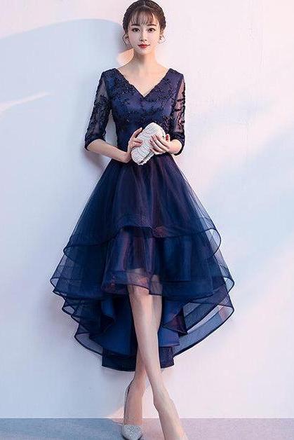 Navy Blue Lace And Tulle Layers V-neckline High Low Party Dress Lace Up Back Formal Short Prom Dress Sa2300