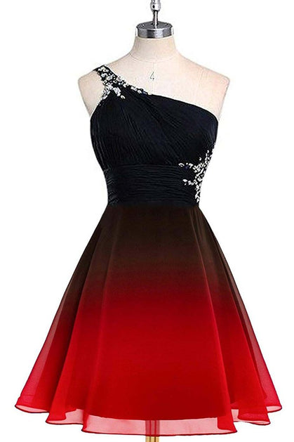 Red And Black One Shoulder Chiffon Beaded Homecoming Dress Formal Short Prom Dress Sa2301