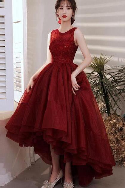Wine Red Organza Lace High Low Chic Party Dresses Prom Dress Formal Homecoming Dresses Sa2302