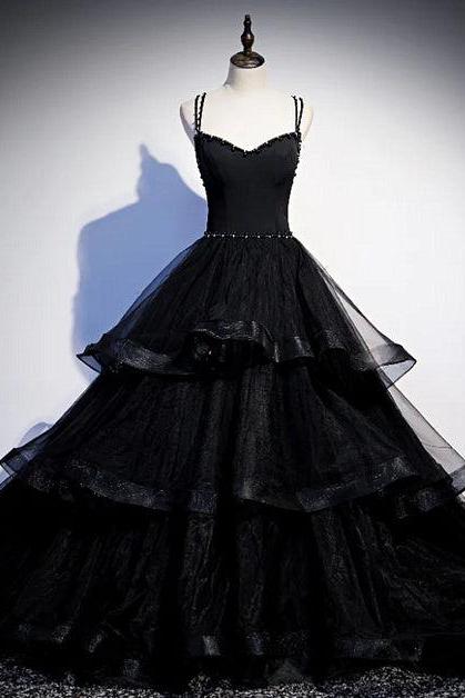 Black Tulle Layers Straps Beaded Long Evening Dress Formal Dress Prom Dress Sa2303