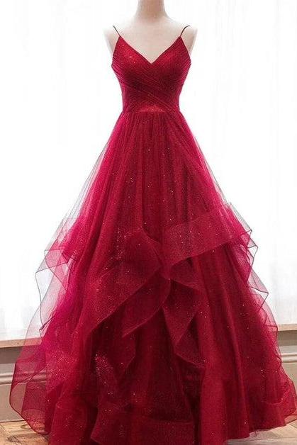 Wine Red Layers Tulle V-neckline Straps Formal Dress Evening Dress Party Dress Sa2304