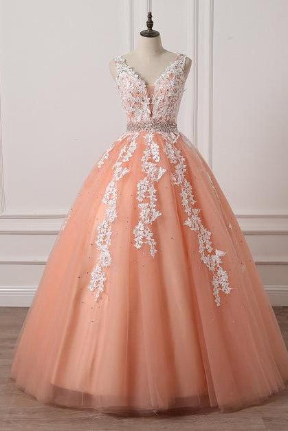 Gorgeous Coral Tulle High Quality V-neck Lace Appliques Beads Party Dress Long Formal Dress Sa2307