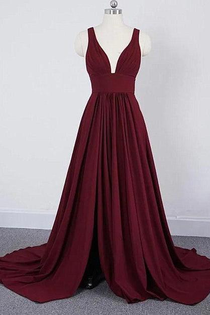Wine Red Chiffon High Slit Long Party Dress Formal Long Straps Bridesmaid Dresses Sa2308