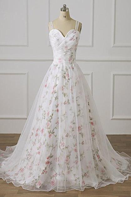 White Floral Beaded Straps Long Formal Dress A-line Floor Length Floral Prom Dress Sa2309