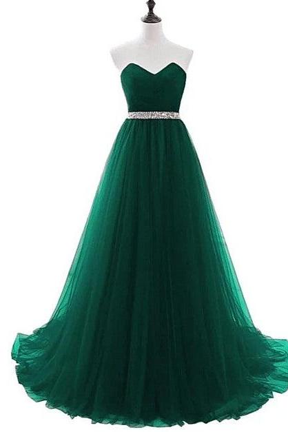 Simple Green Beaded Waist Tulle A-line Floor Length Party Dress Formal Dress Sa2312