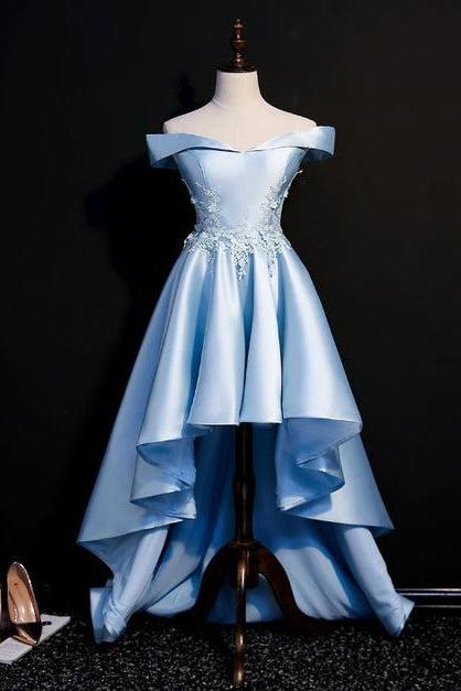 Light Blue Satin With Lace Applique High Low Homecoming Dress Short Off Shoulder Formal Sa2314