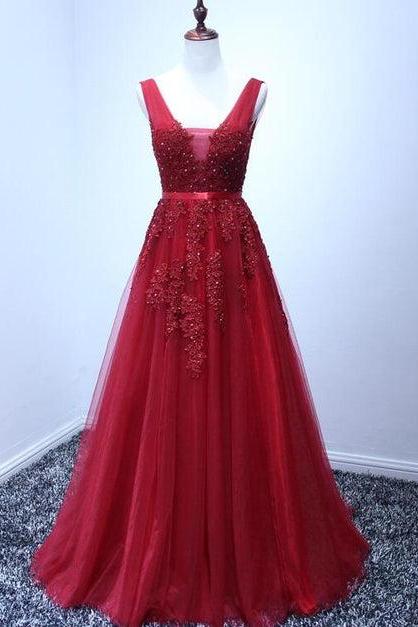 Wine Red V-neckline Tulle Long Prom Dress Floor Length Party Dress Formal Bridesmaid Dress Sa2318