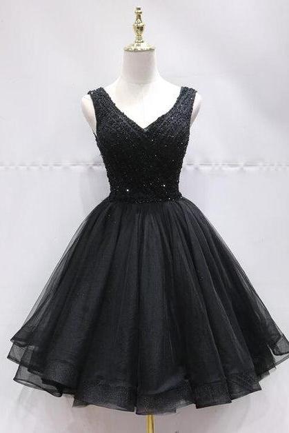 Black Tulle V Back Beaded Knee Length Homecoming Dress Formal Short Party Dress Sa2319