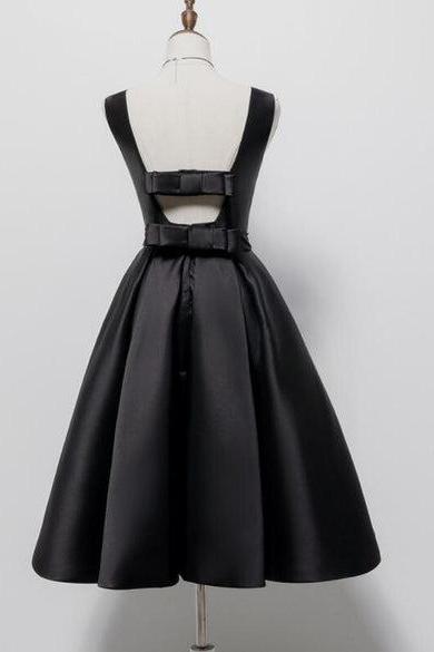 Black Satin Knee Length Round Neckline Party Dress Formal Short Prom Dress Sa2320