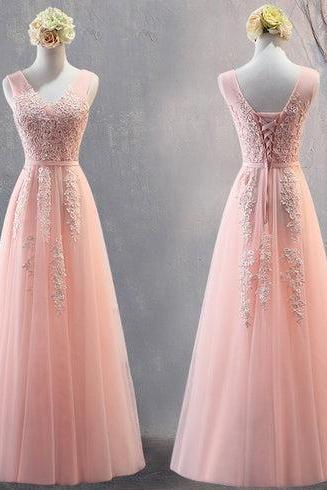 Pink Tulle Simple Party Dress With Lace, V-neckline Long Formal Dress Sa2323
