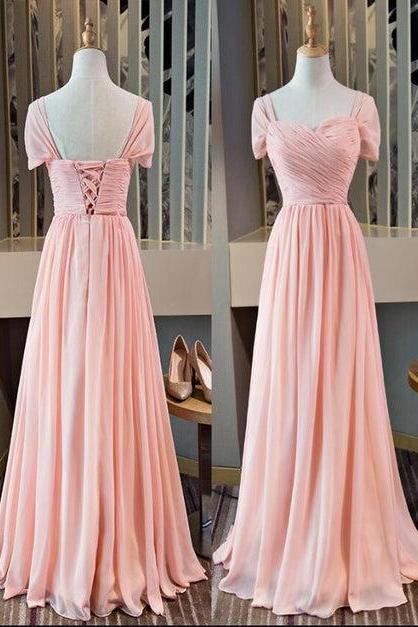 Pink Chiffon Cap Sleeves Long Bridesmaid Dress Floor Length Pink Formal Party Dress Sa2325