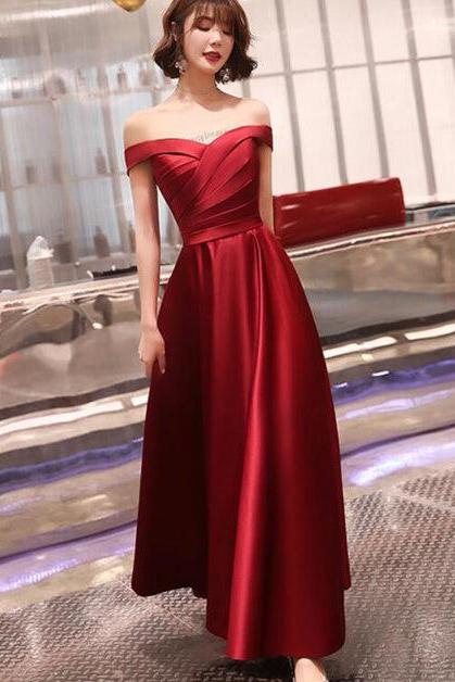 Dark Red Off Shoulder Satin Long Prom Dress Evening Dress Bridesmaid Formal Dress Sa2327