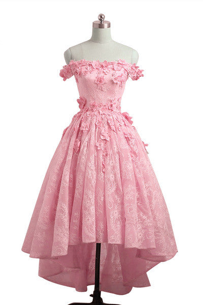 Lace Off Shoulder Pink Homecoming Dress Evening Dress High Low Formal Dress Sa2328
