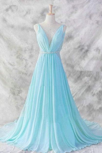 Sexy Light Blue Chiffon Backless Long Evening Gown Formal Party Dress Sa2332